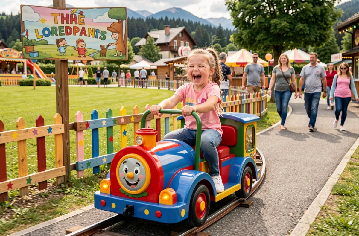 Une fillette riant aux éclats sur une attraction de train miniature au parc de loisirs Minizou en Isère