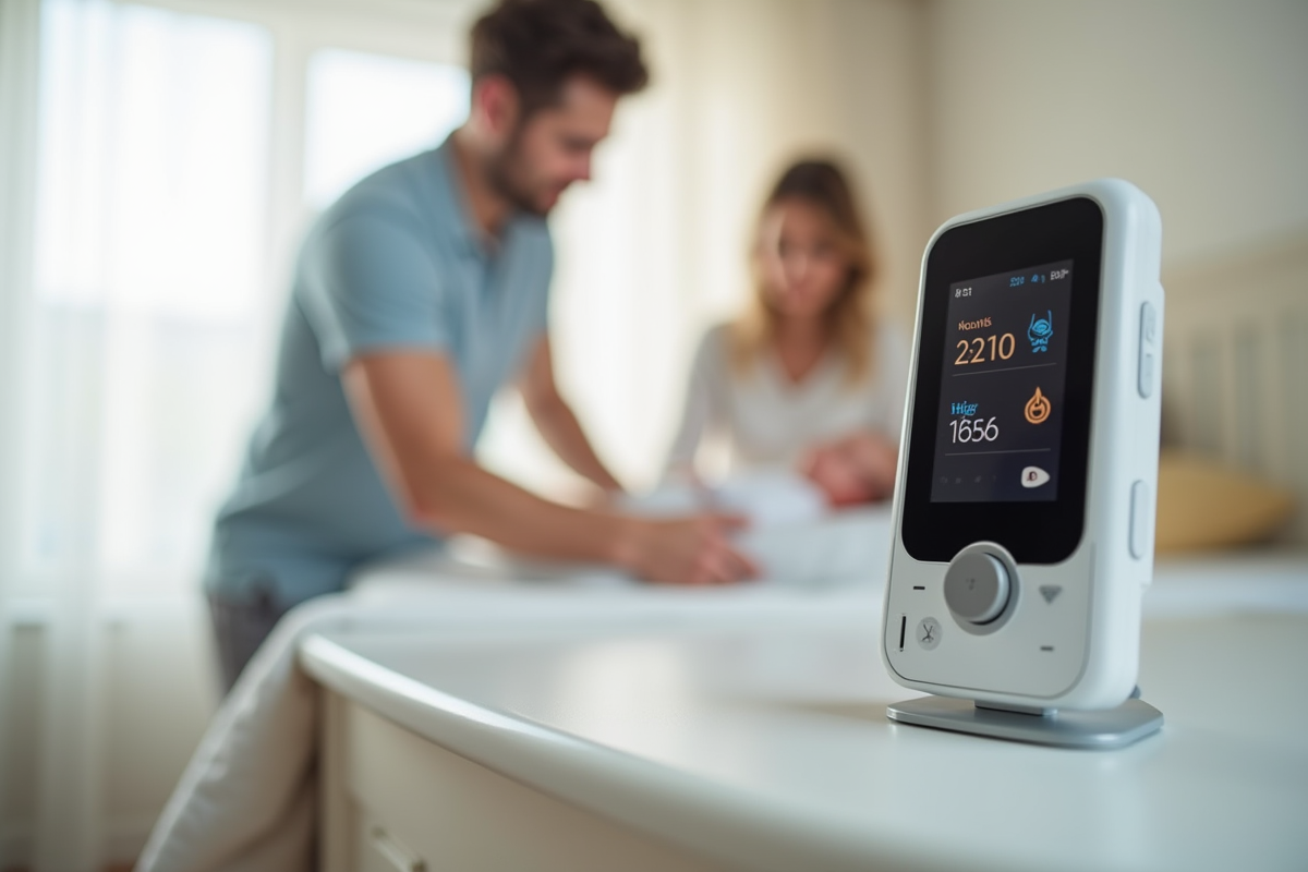 Moniteur bébé affichant alerte de température élevée dans chambre moderne