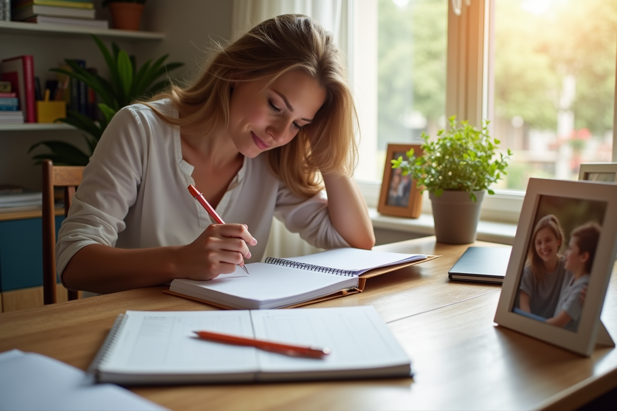 Maman organisant son planner dans un bureau calme