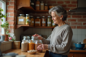 Femme organisée avec bocaux dans une cuisine chaleureuse