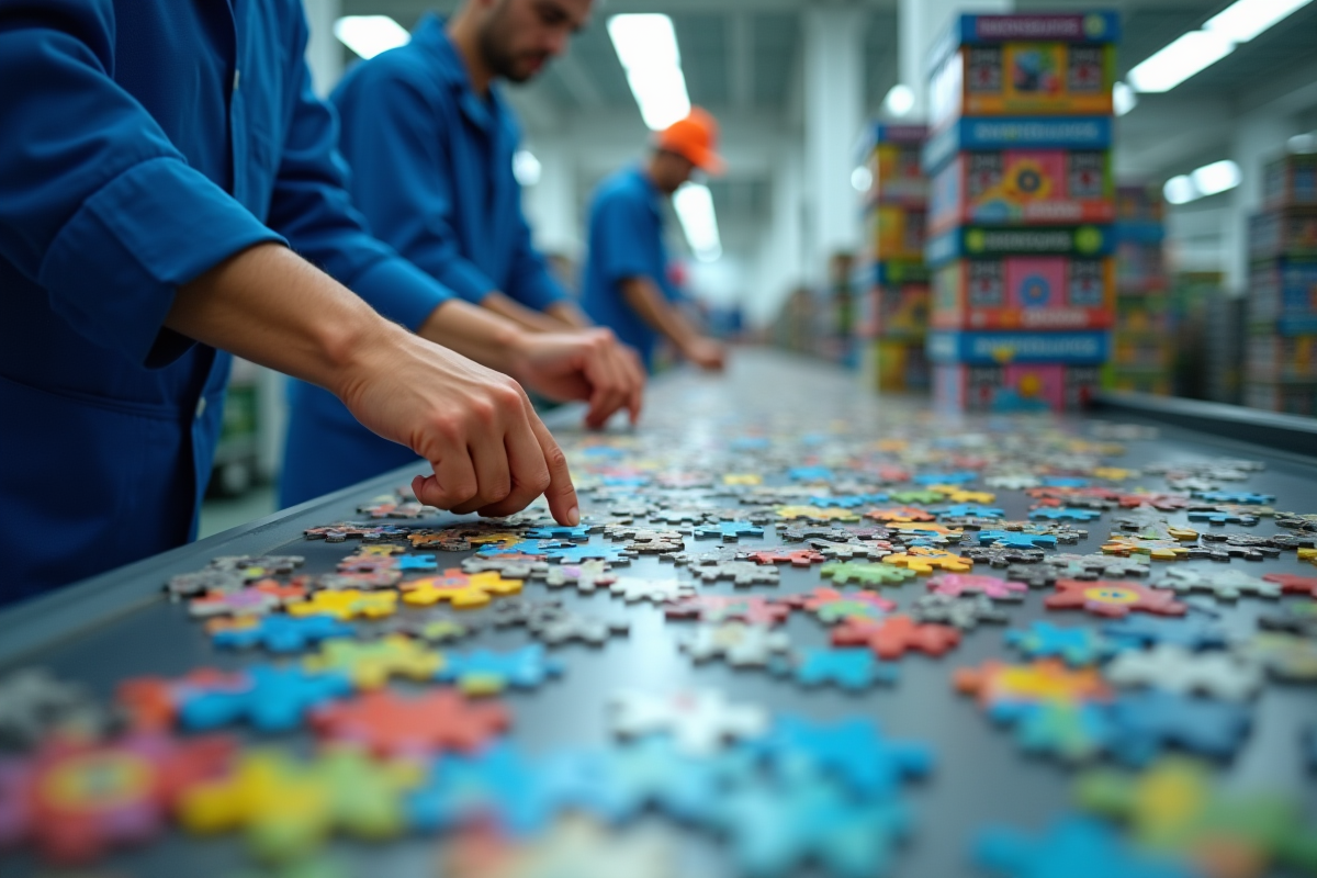 Ouvriers dans une usine lumineuse assemblant puzzles Ravensburger