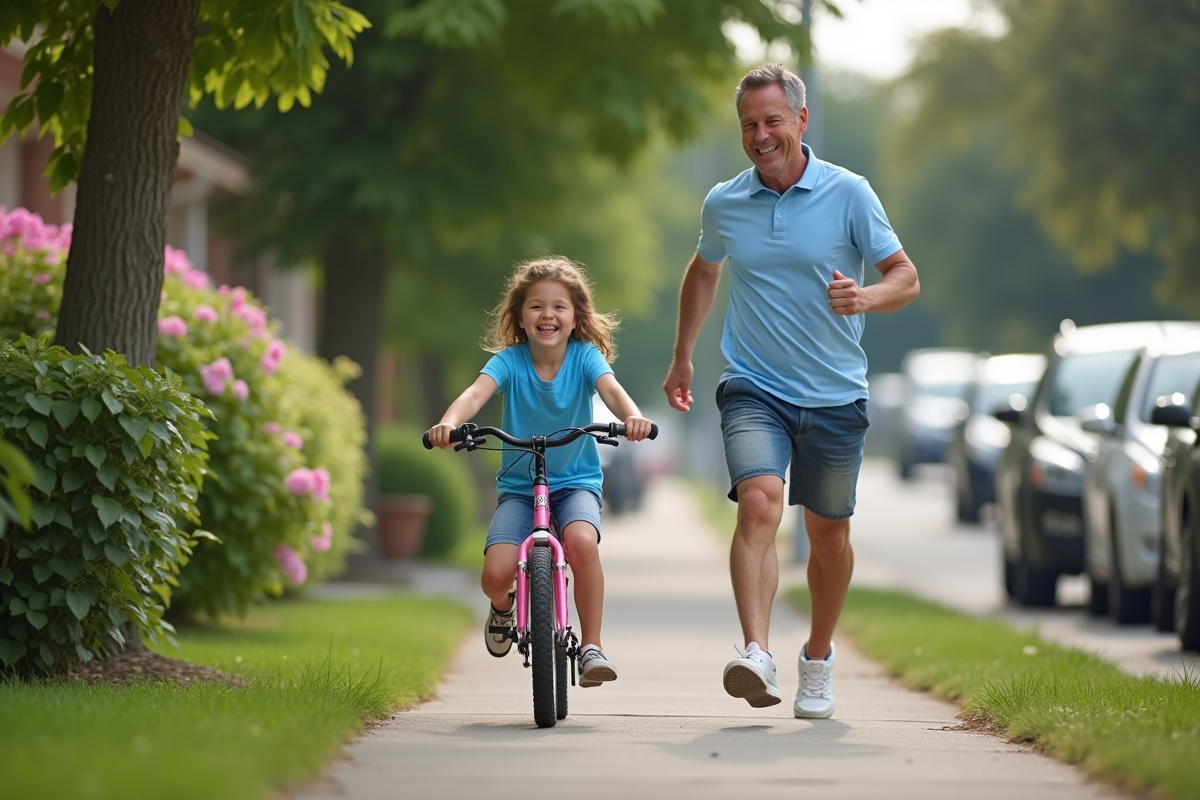 Pere enseignant sa fille a faire du velo dans la rue