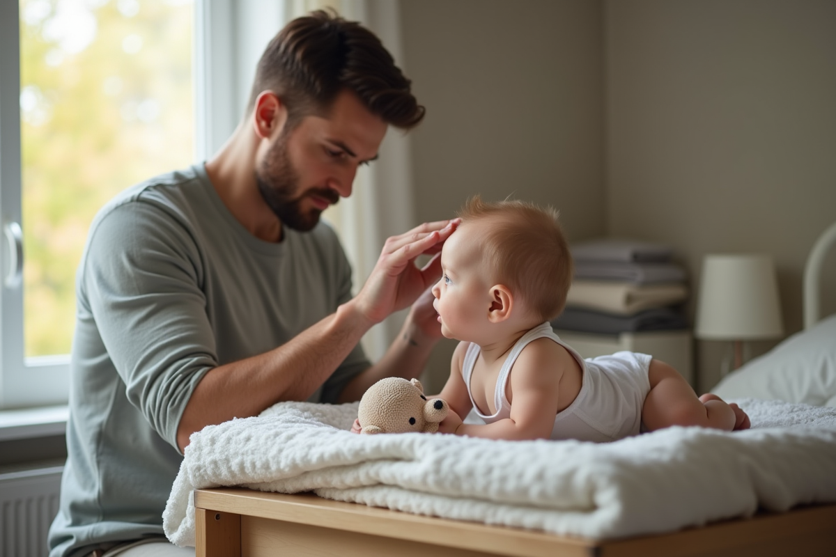 Pere vérifiant la température du bébé sur la table à langer