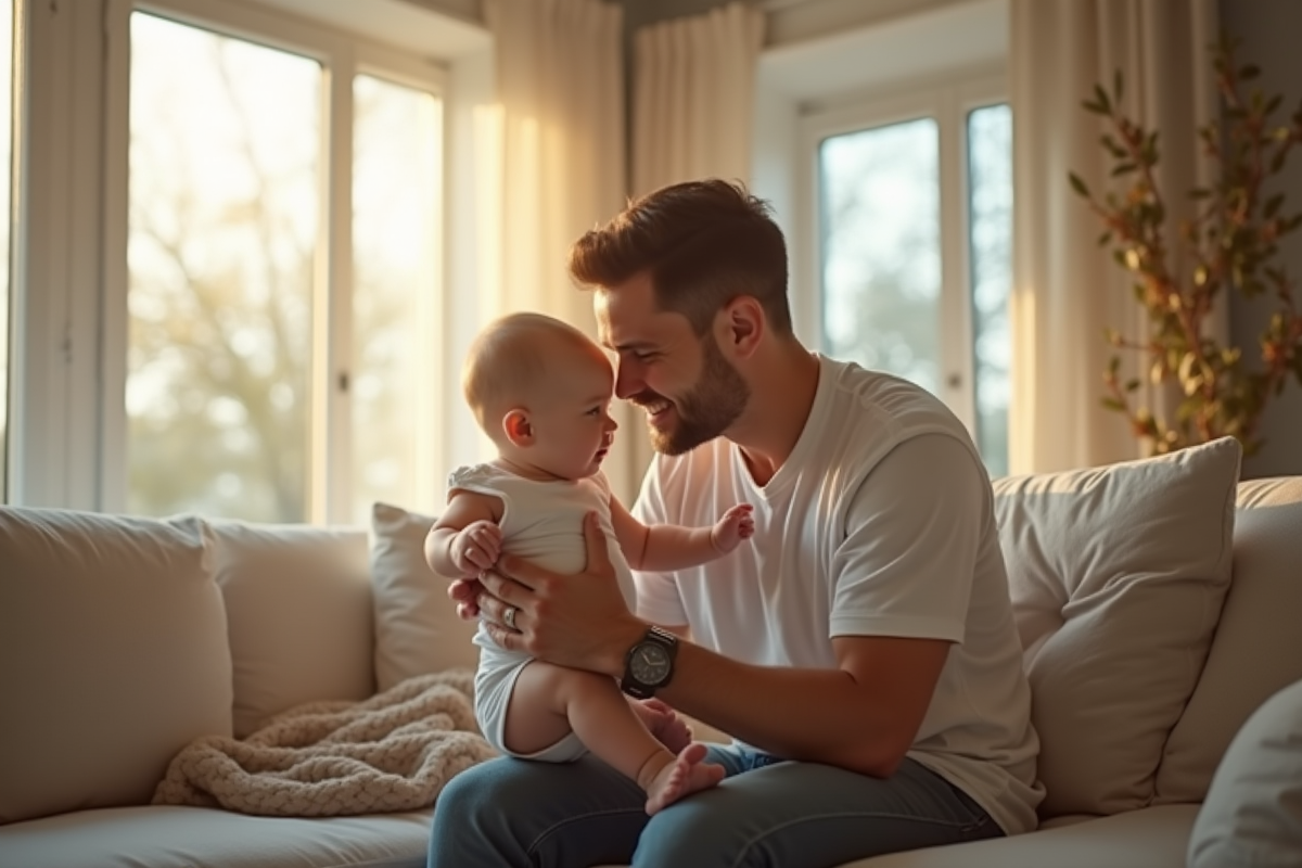 Père moderne tenant son bébé dans un salon lumineux