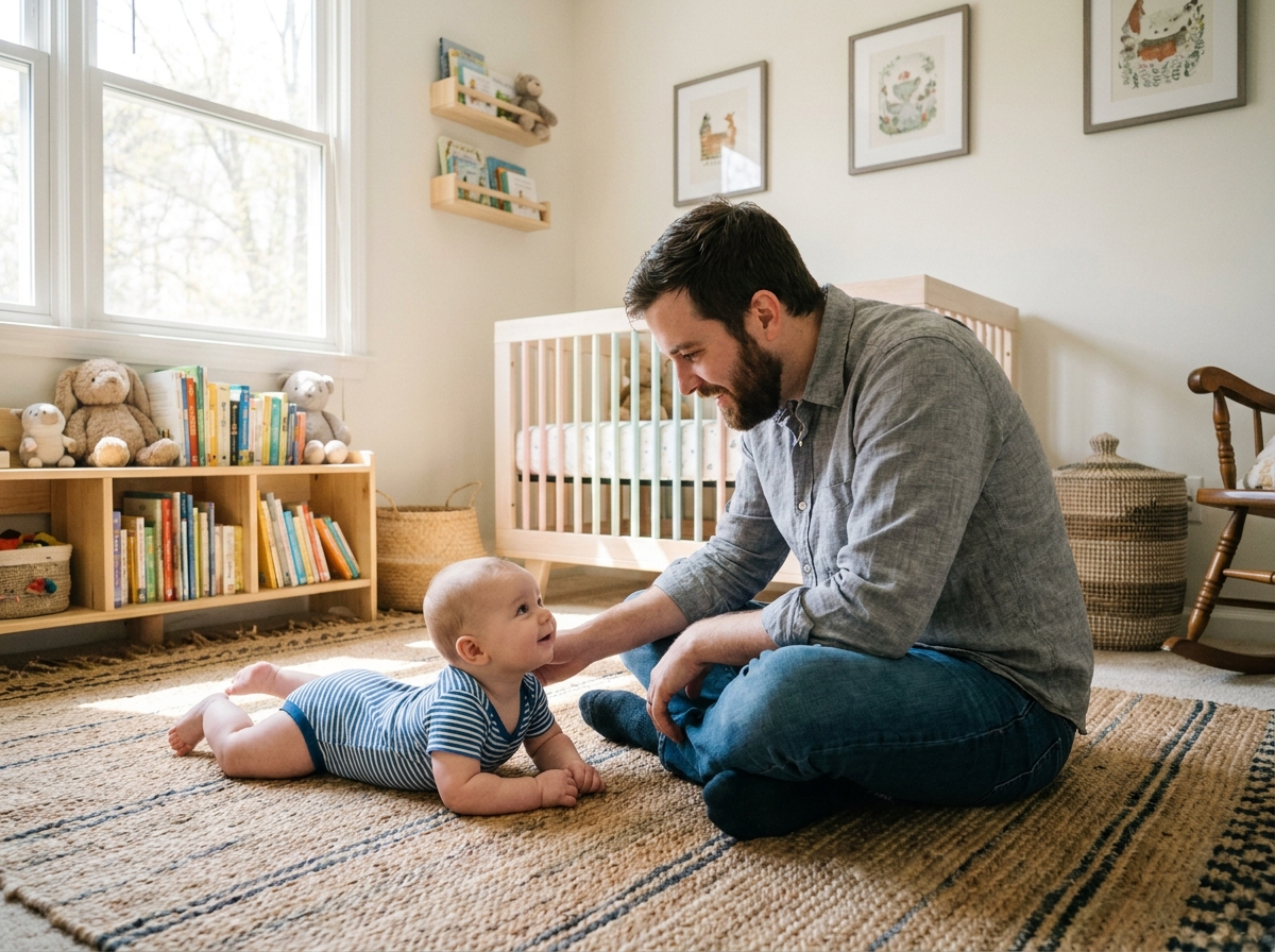 Père encourageant son bébé lors du tummy time dans la nurserie