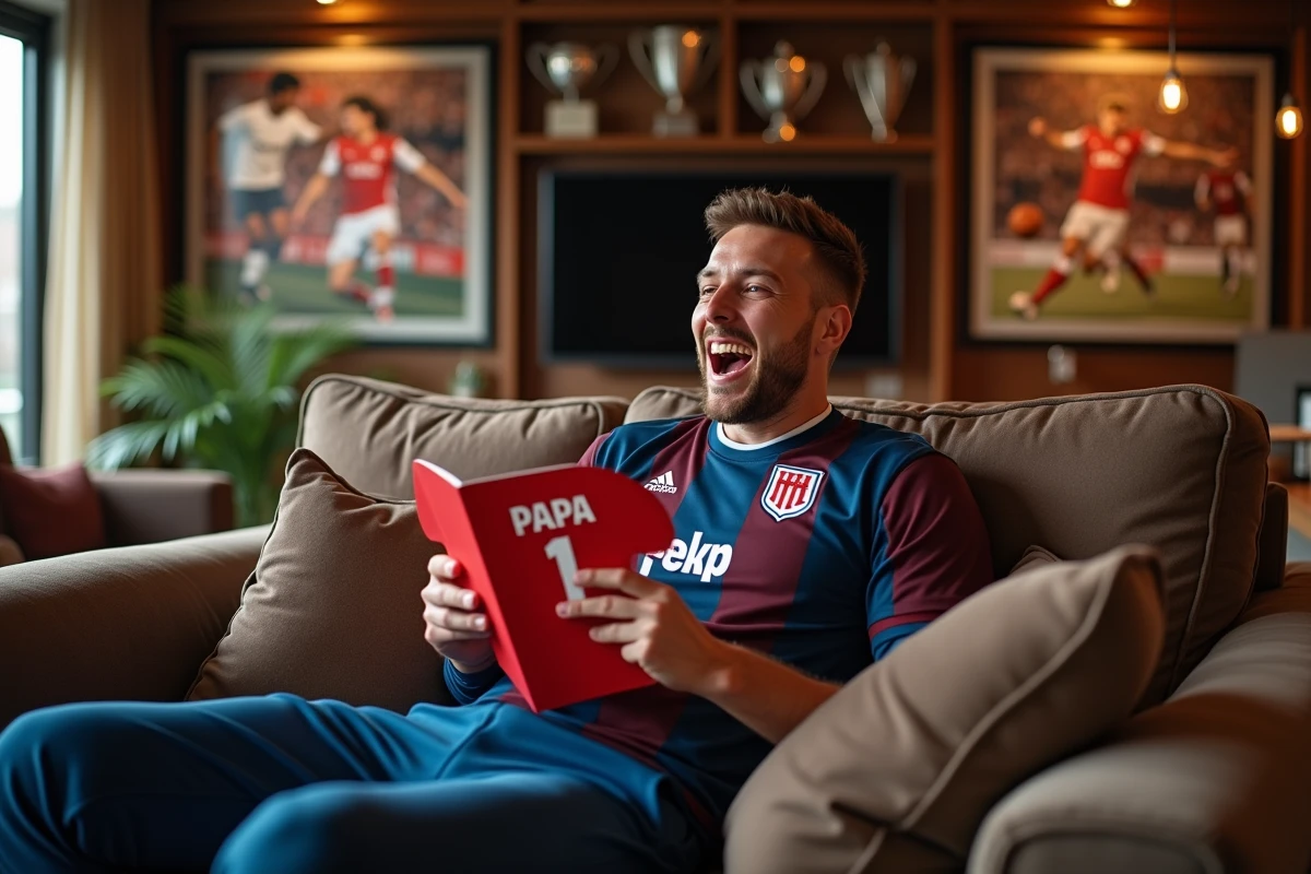 Papa fan de sport découvrant avec surprise une carte d'annonce de grossesse en forme de maillot dans son salon sportif