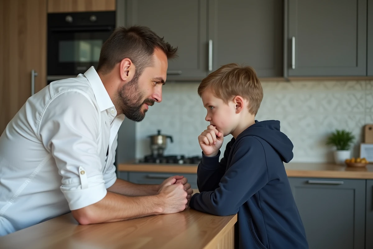 Père parlant avec son fils dans la cuisine moderne