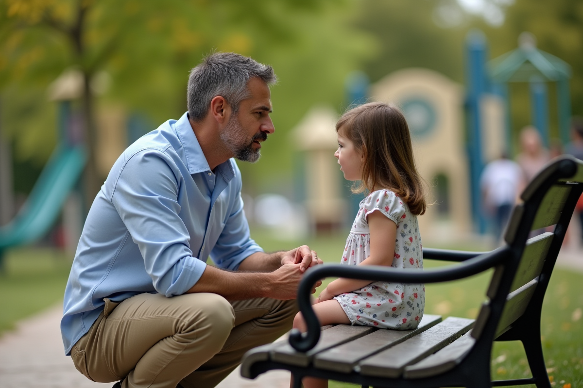 Père écoutant sa fille dans un parc en plein air