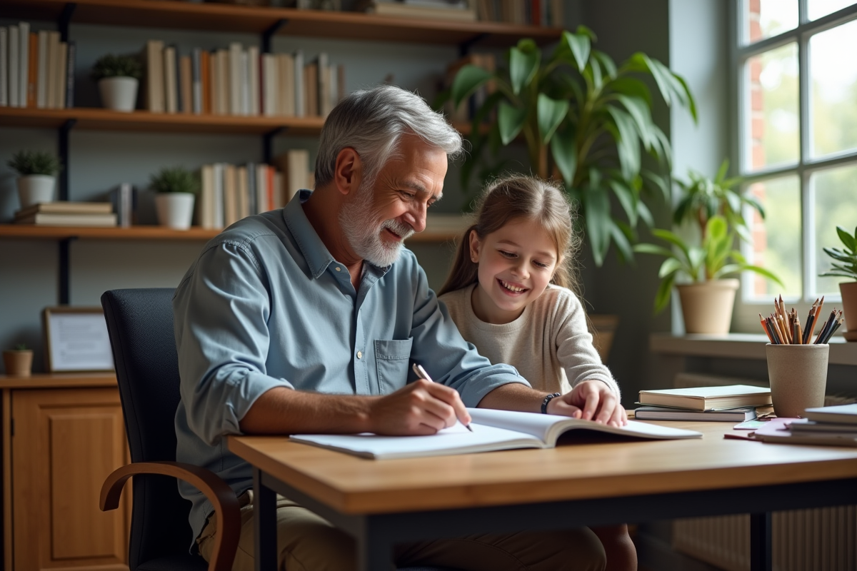 Papa et sa fille de 12 ans étudiant dans un bureau à la maison