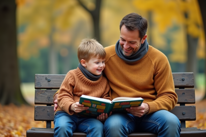 Père et fils lisant un livre dans un parc en automne