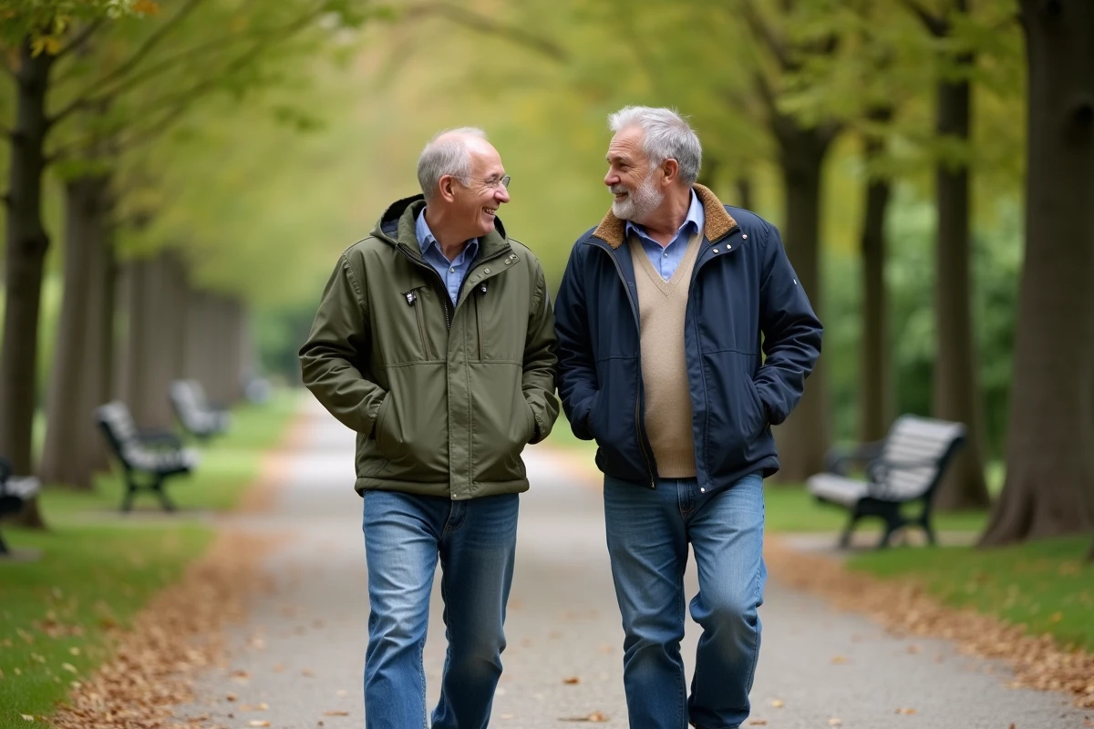 Père et fils marchant dans un parc verdoyant en discutant