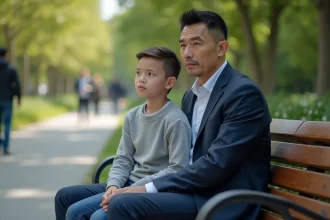 Père et fils assis sur un banc dans un parc urbain