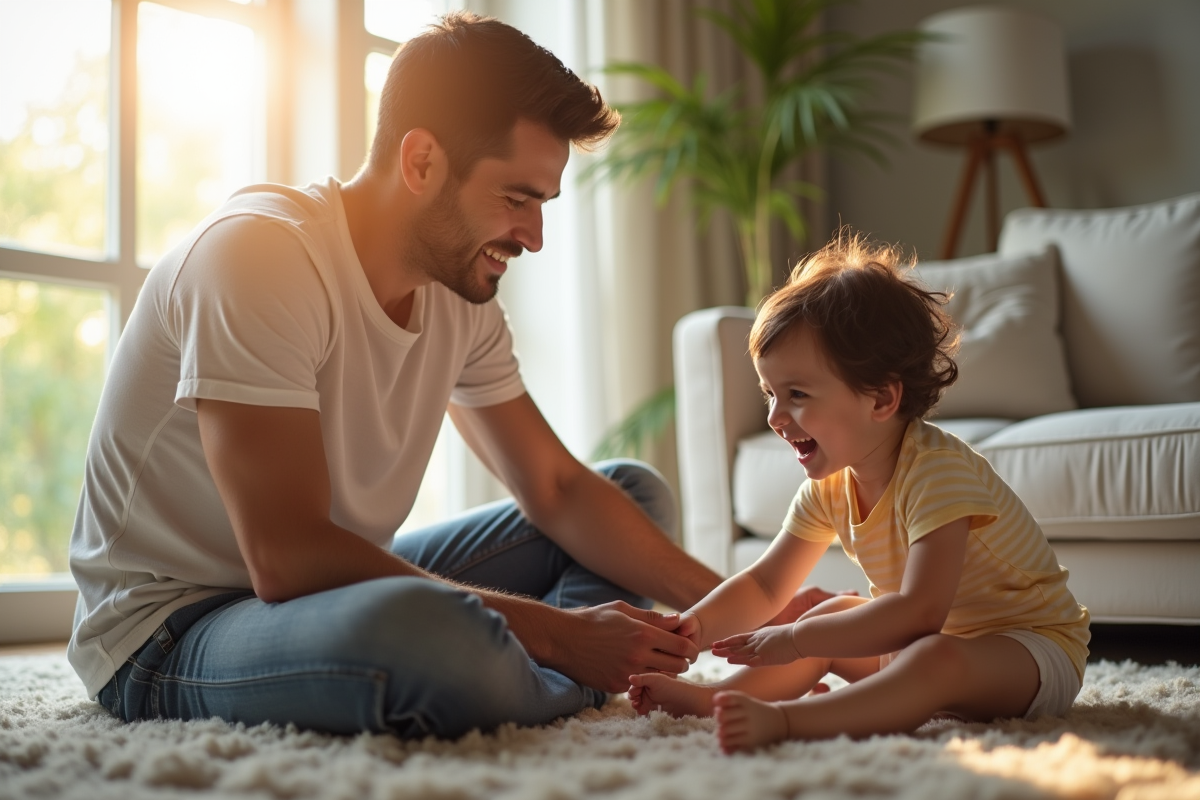 Père souriant joue avec son enfant dans le salon en journée