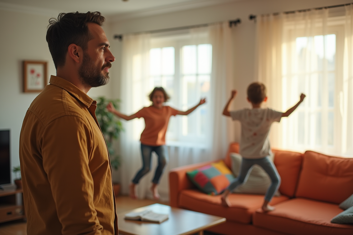 Père respire profondément avec enfants qui jouent dans le salon