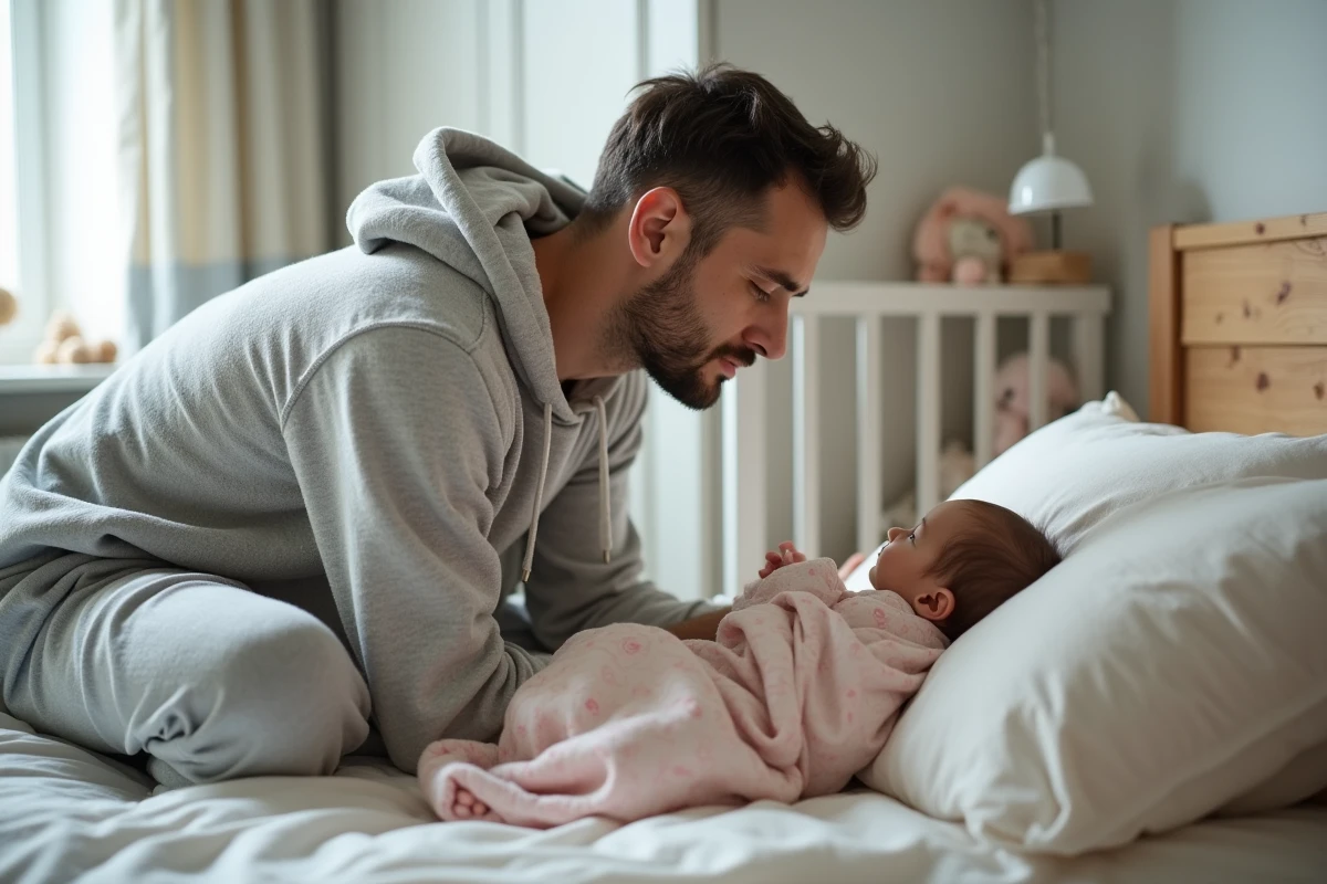 Père rassurant avec son bébé dans le lit parental