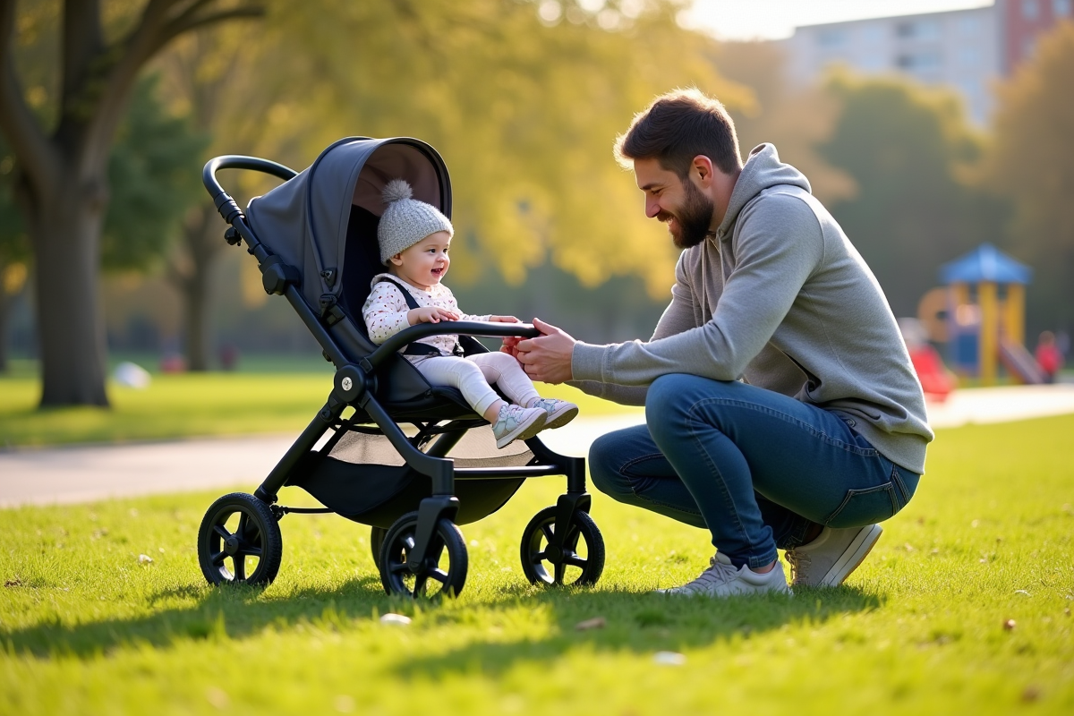 Papa ajustant la sécurité du siège bébé dans un parc