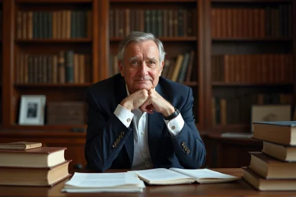 Homme d'âge mûr pensif assis à un bureau en bois ancien entouré de livres juridiques et de documents, évoquant le parcours intellectuel et intime d'un avocat français