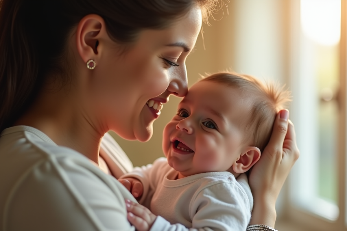 Parent souriant tenant son bébé avec douceur dans une lumière naturelle