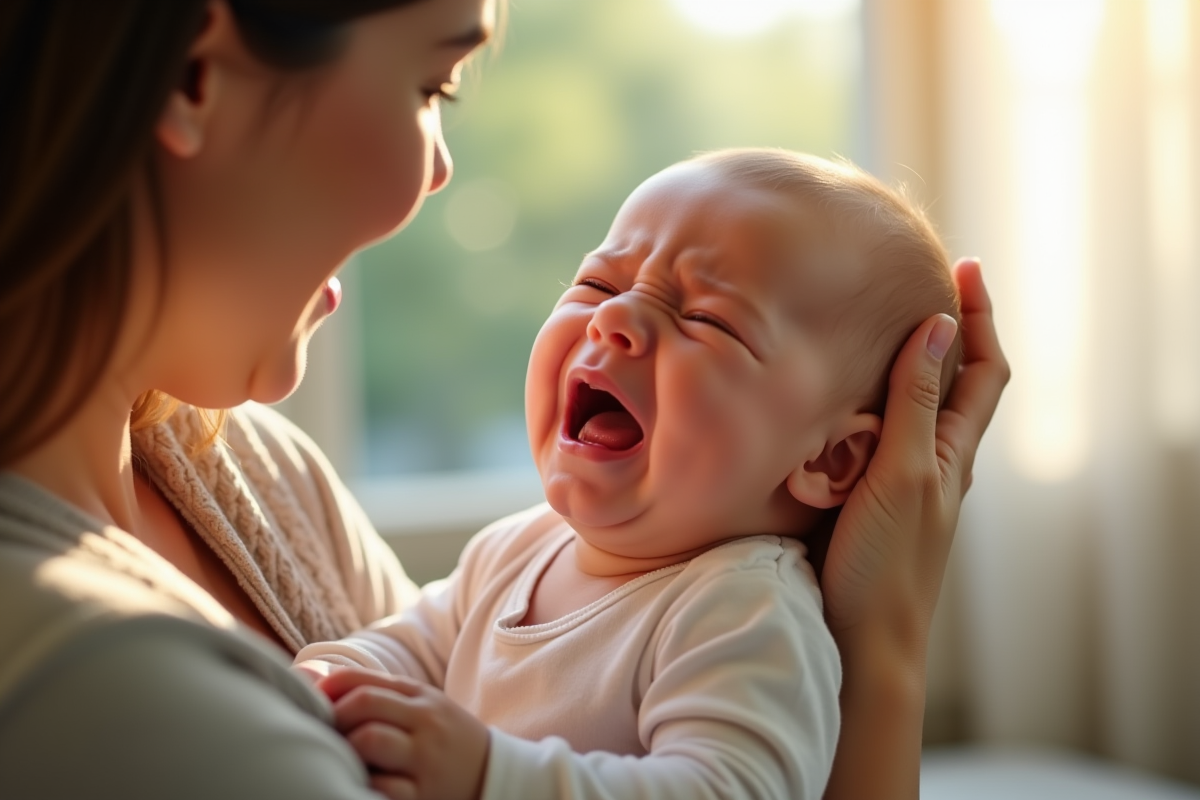 Parent réconfortant un bébé qui pleure avec dents naissantes
