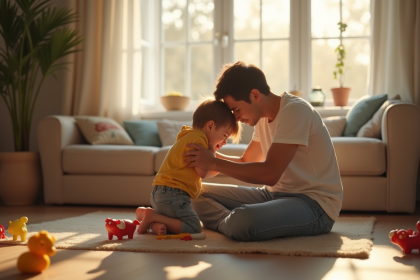 Parent réconfortant un enfant triste dans un salon lumineux