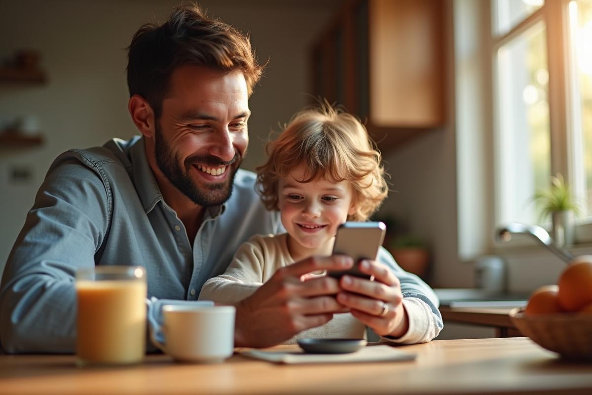 Parent montrant un smartphone à l