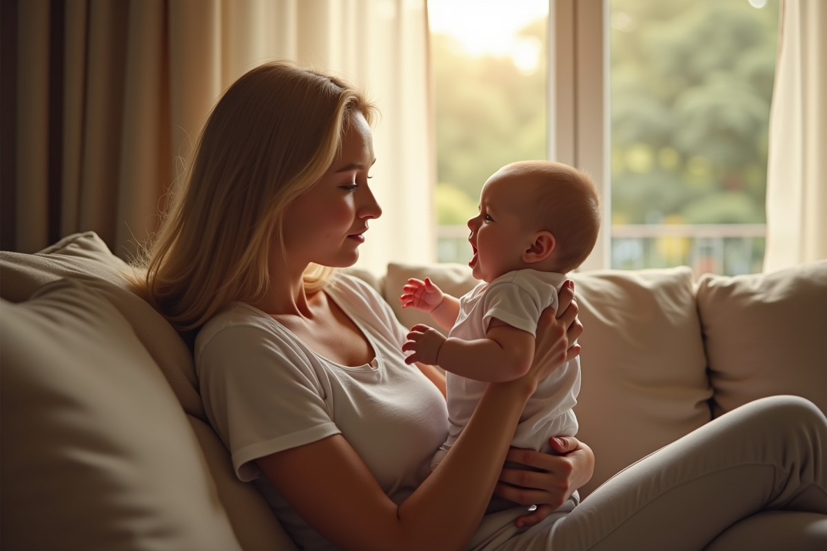 Parent tenant tendrement un bébé pleurant dans un salon lumineux