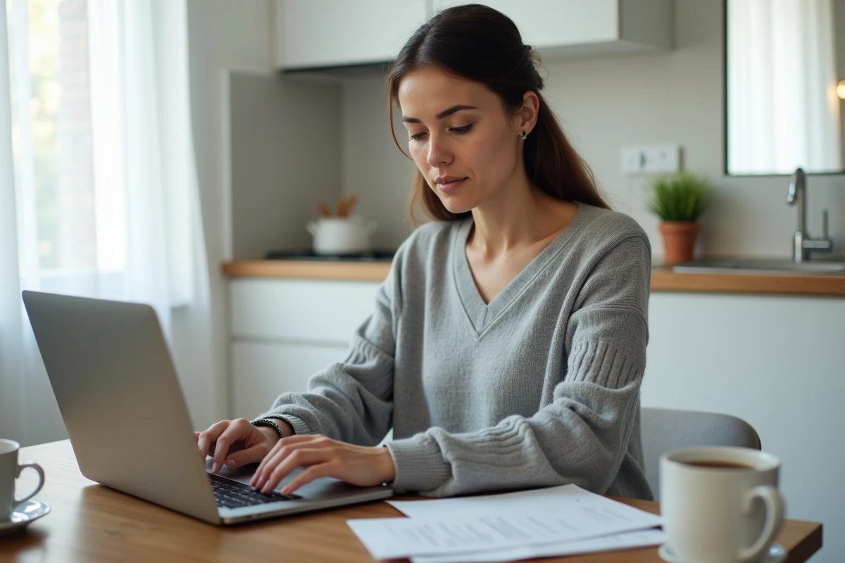 Mère de famille utilisant le portail familles de Toulon en ligne depuis son domicile sur un ordinateur portable avec des documents administratifs sur la table