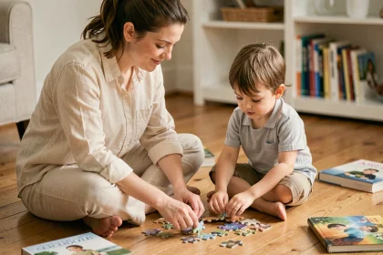 Mère pratiquant la parentalité bienveillante avec son enfant lors d'une activité puzzle sur le sol d'un salon chaleureux