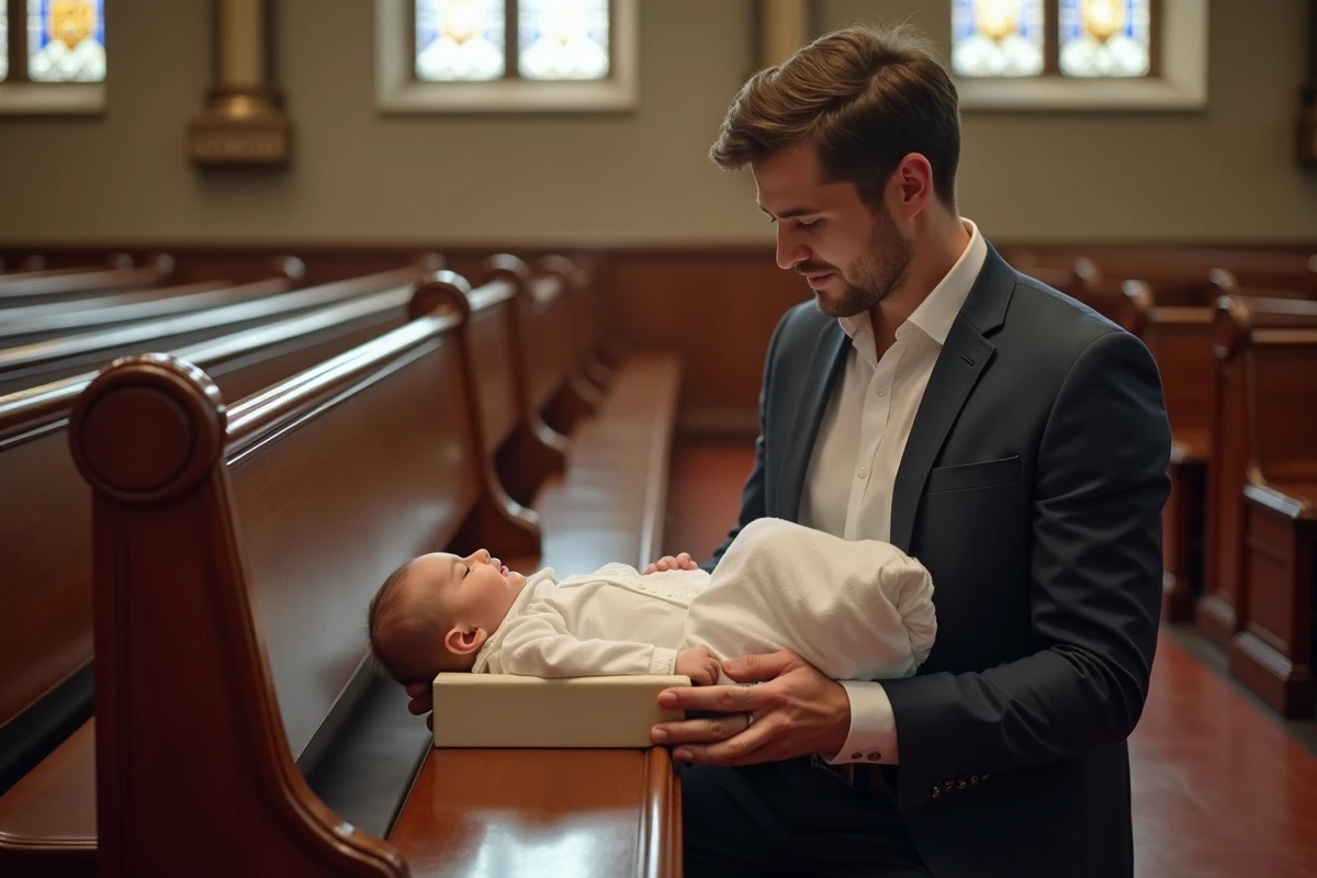Parrain tenant un cadeau de bapteme avec son filleul dans une église