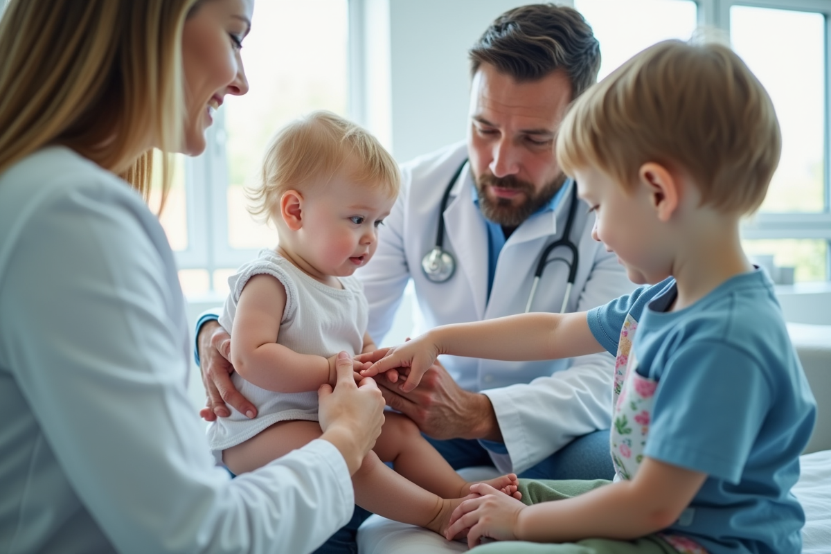 Pédiatre examinant un enfant avec ses parents dans une clinique moderne