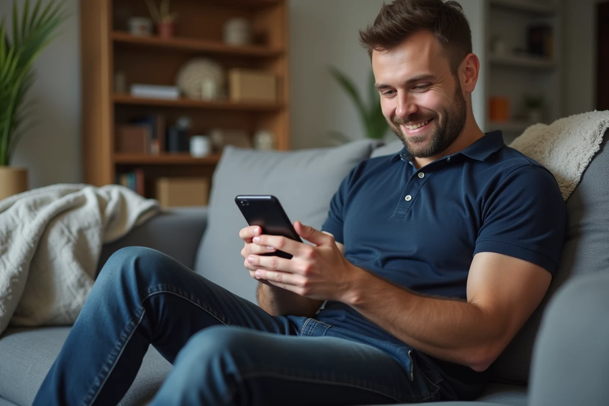 Père consultant un calendrier familial partagé sur son téléphone dans le salon