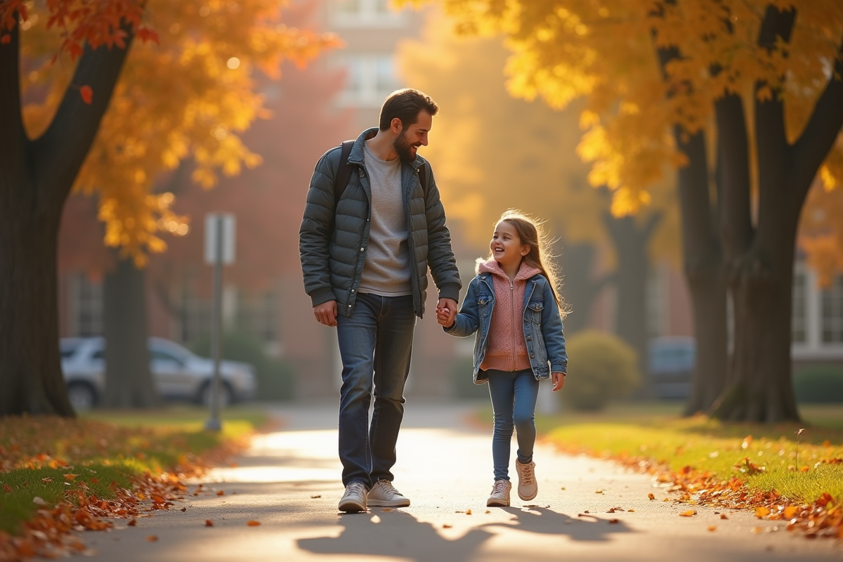 Pere et fille rient en marchant vers l ecole