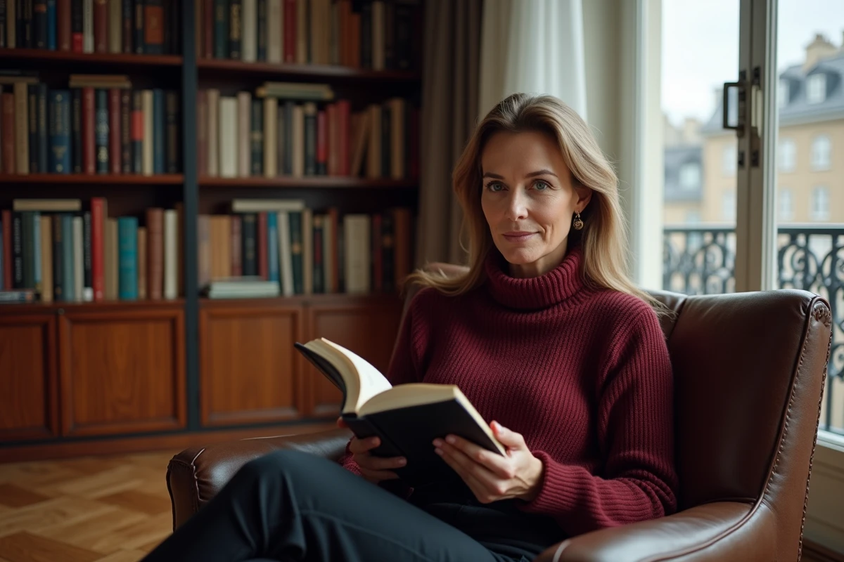 Personnalité féminine dans un appartement parisien, lisant dans un fauteuil élégant dans une ambiance intimiste
