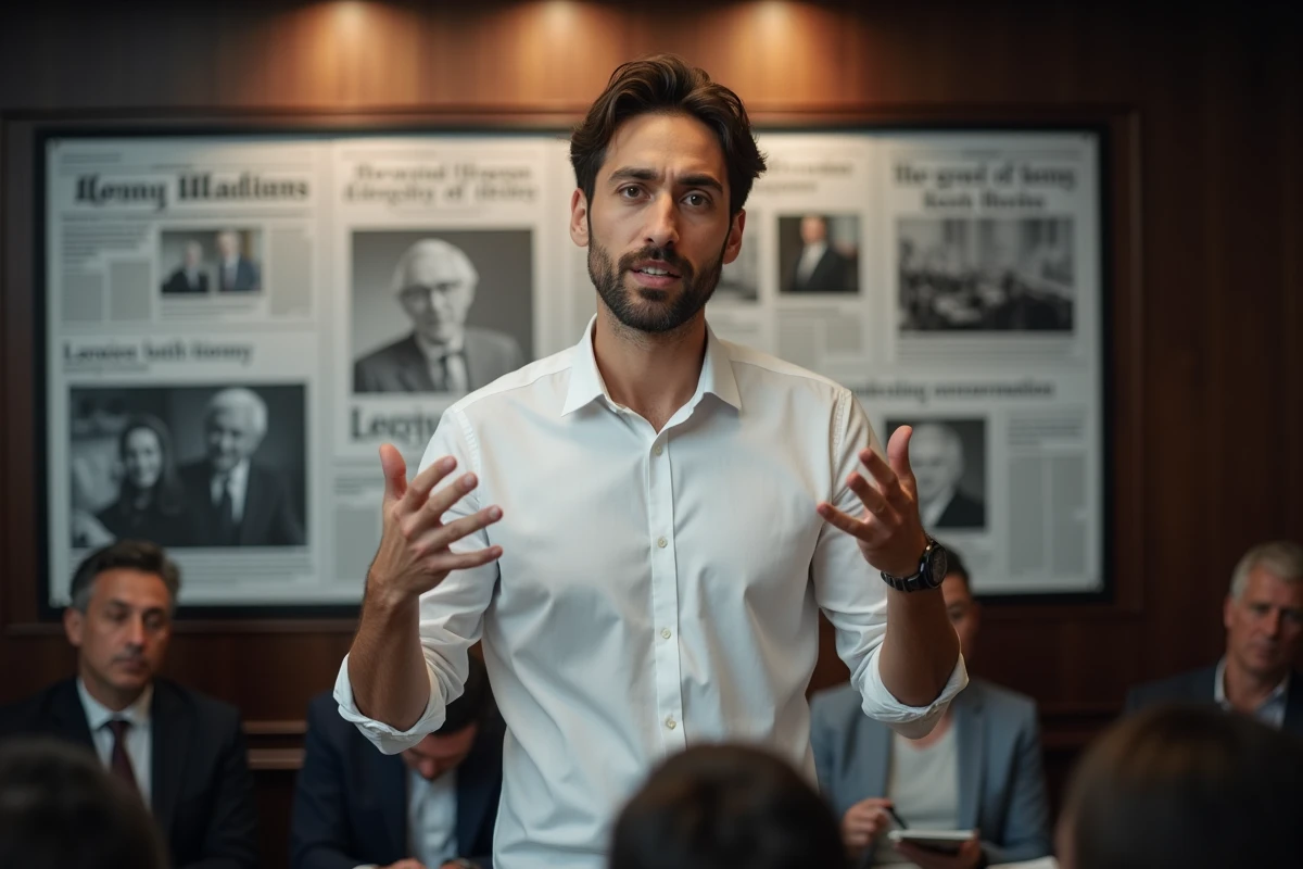 Homme en interview presse devant un mur de une de journaux lors d'une conférence médiatique, évoquant la construction de l'image publique d'une personnalité dans les médias