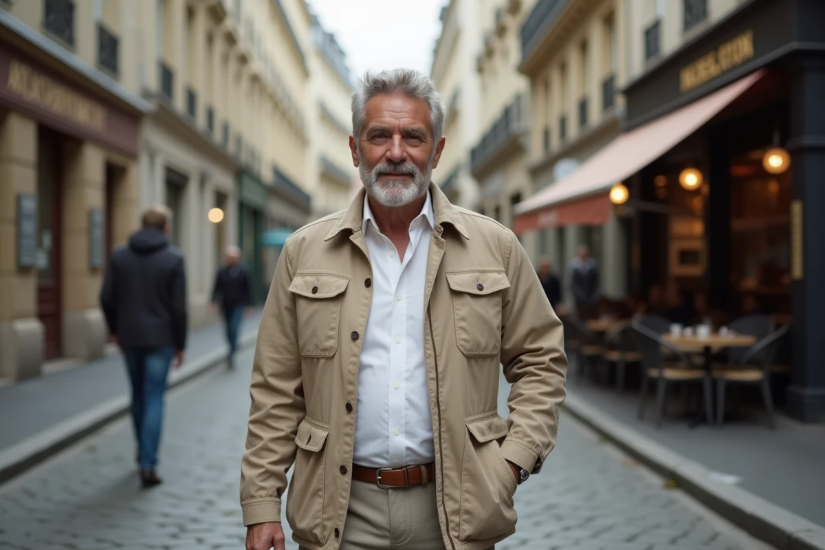 Personnalité médiatique se promenant dans une rue parisienne pavée pour un portrait documentaire en extérieur