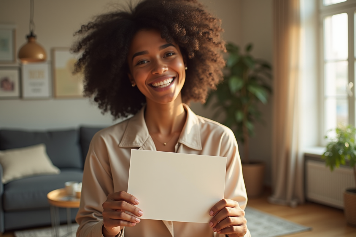 Personne souriante tenant une invitation dans un salon lumineux