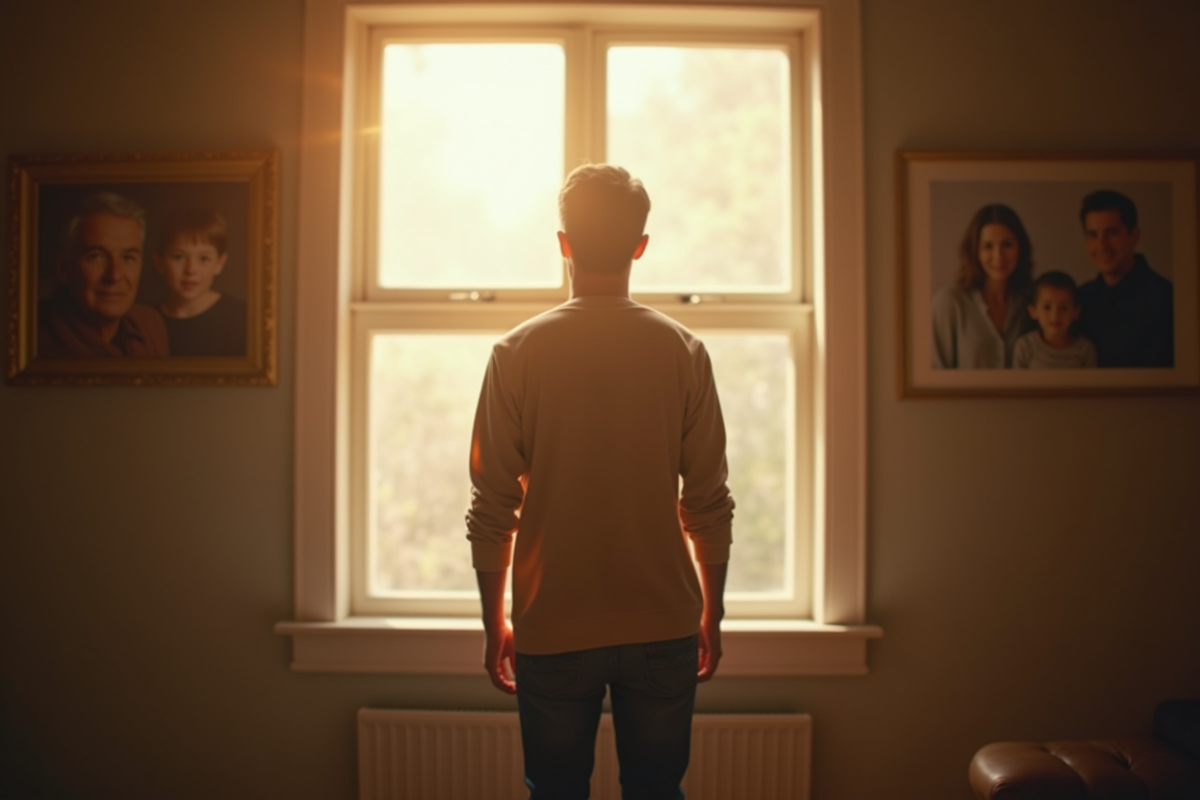 Personne pensant devant une fenetre avec portraits familiaux