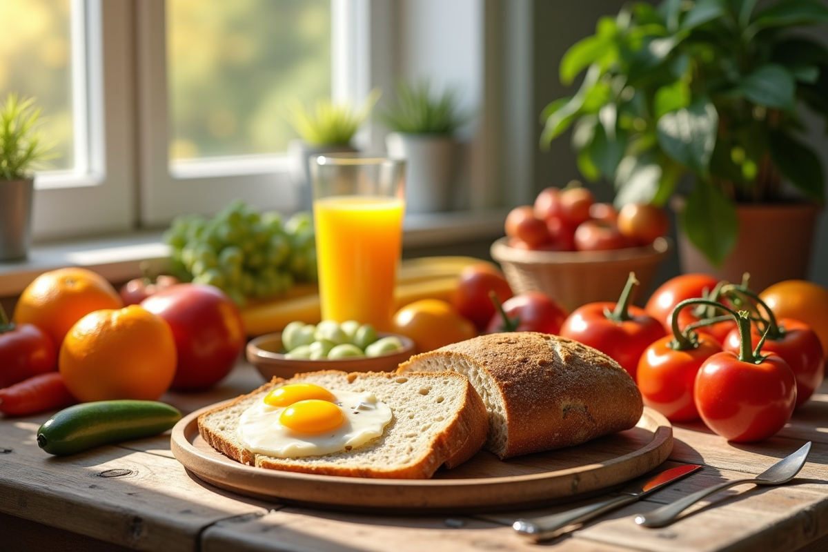 Table de petit déjeuner sain avec pain complet et fruits