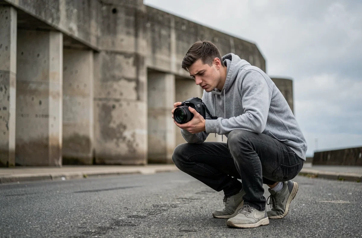 Photographe en pleine action près de la base sous-marine de Saint-Nazaire, accroupi en train de photographier l'architecture brutaliste