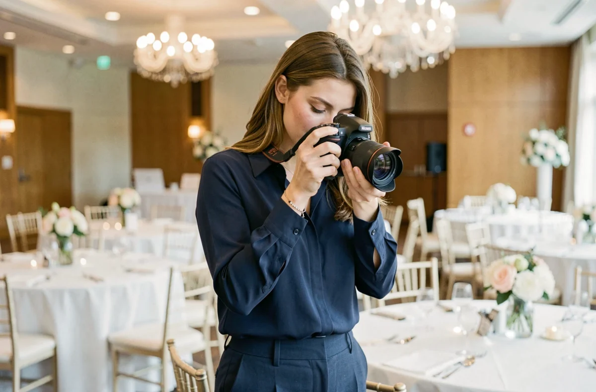 Photographe événementielle consultant ses photos dans une salle de réception à Vallet