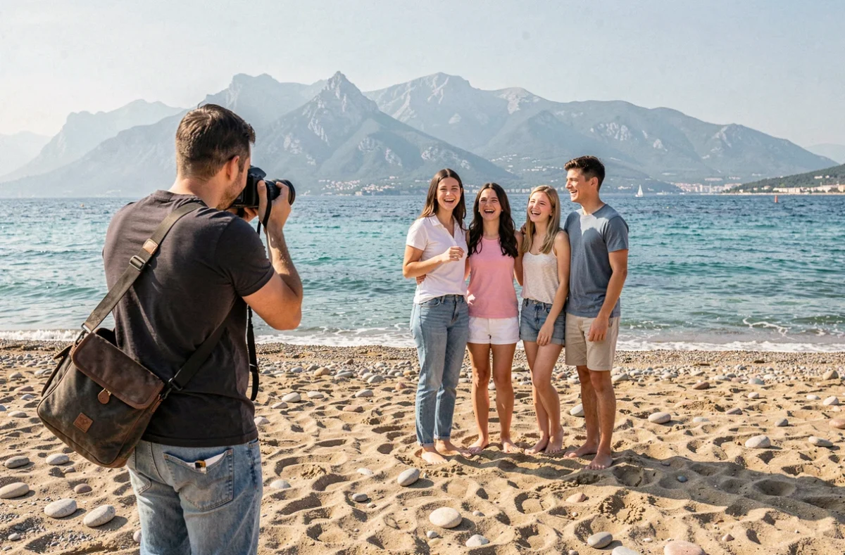 Photographe de famille réalisant une séance photo en extérieur sur la plage de Saint-Laurent-du-Var