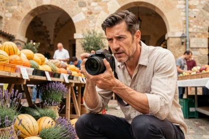 Photographe professionnel en train de shooter au marché de Cavaillon avec un appareil DSLR, entouré d'étals provençaux colorés