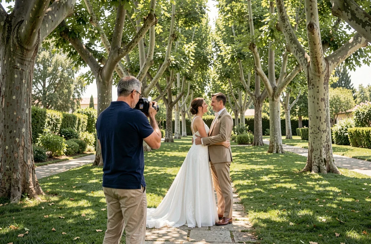 Photographe de mariage capturant des portraits de mariés dans un parc provençal proche de Saint-Laurent-du-Var
