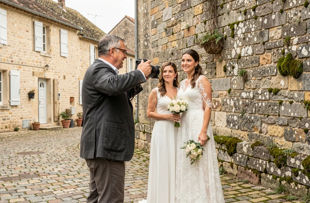 Photographe de mariage dirigeant un couple dans un village de la région de Vallet