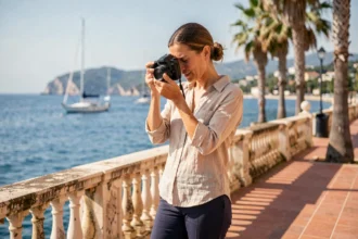 Photographe professionnelle réglant son appareil photo sur la promenade de Saint-Laurent-du-Var avec la Méditerranée en arrière-plan