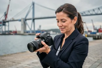 Photographe professionnelle à Saint-Nazaire tenant un appareil photo sur le front de mer avec le pont de Saint-Nazaire en arrière-plan