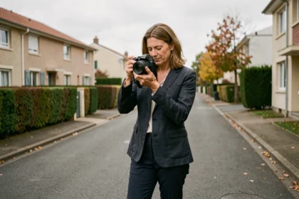 Photographe professionnelle femme ajustant son appareil photo dans une rue résidentielle de Thiais