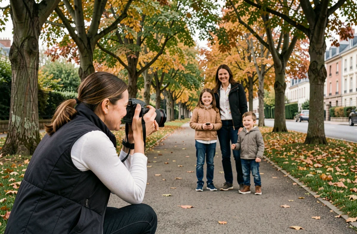 Photographe en train de photographier une famille dans un parc de Saint-Jean-de-Braye lors d'une séance extérieure