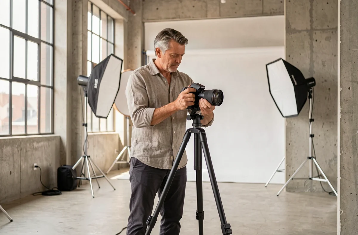 Photographe professionnel réglant son appareil sur trépied dans un studio moderne à Saint-Nazaire avec murs en béton apparents