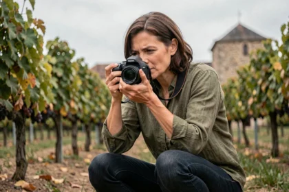 Photographe professionnelle en train de shooter dans les vignes de Vallet, Loire-Atlantique